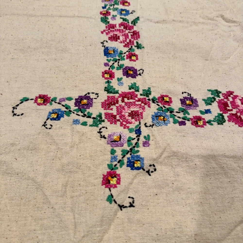 Vintage Embroidered Table Cloth Colorful Floral Cross Stitch Crochet‎ Edge 48x53
